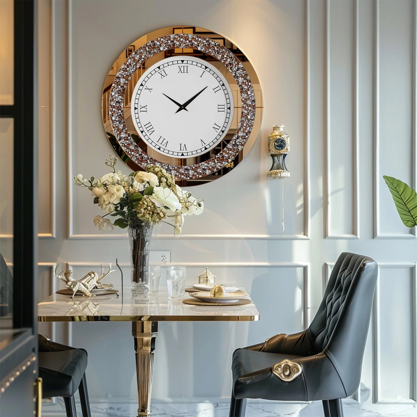 24-inch Mirrored Wall Clock with Crystal Accents