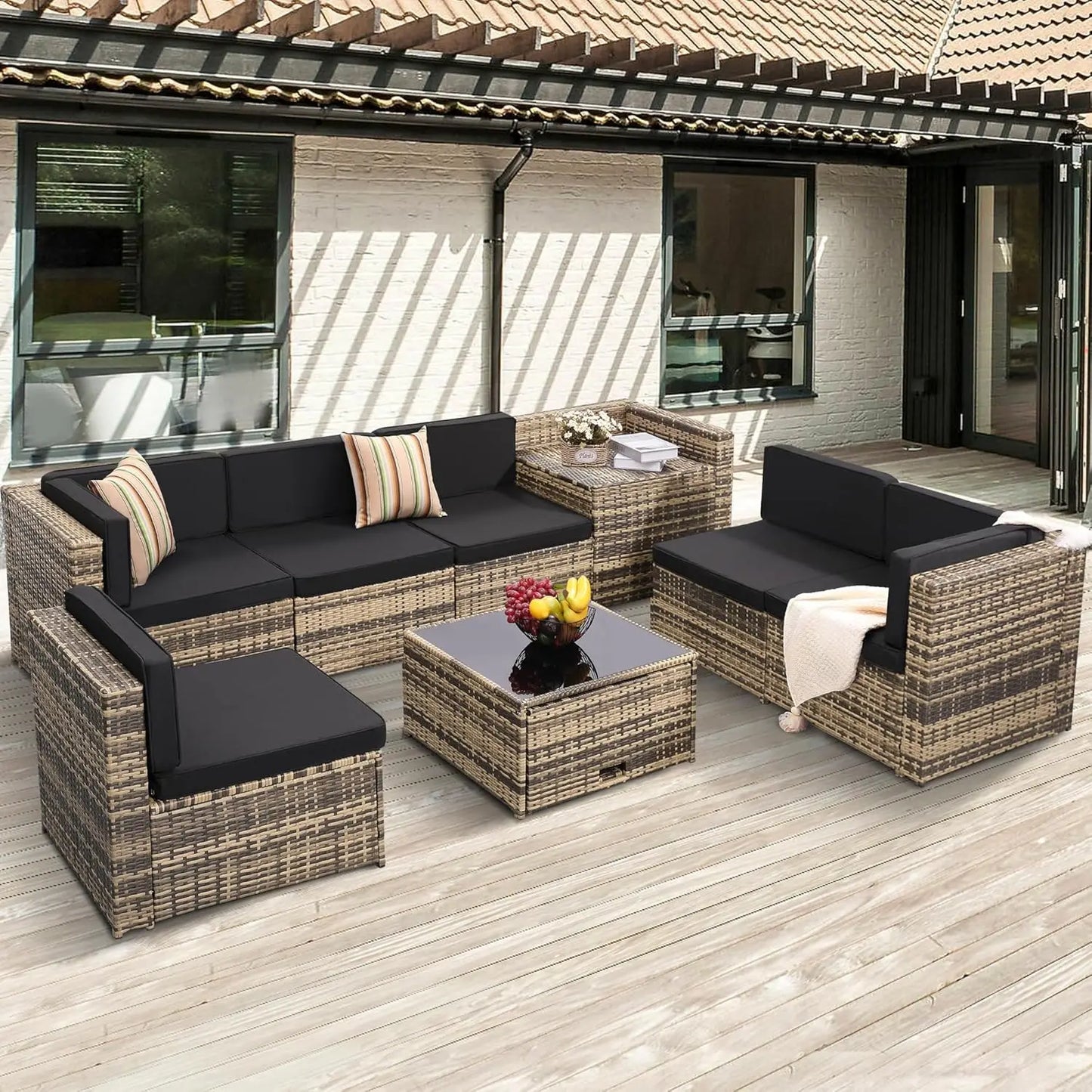 8-Piece Outdoor Patio Wicker Patio Sectional with Storage Table