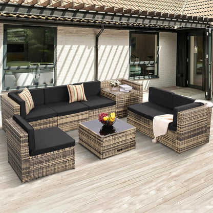 8-Piece Outdoor Patio Wicker Patio Sectional with Storage Table