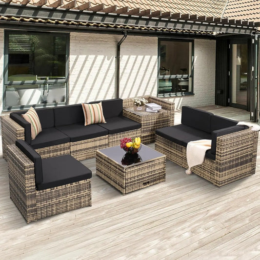 8-Piece Outdoor Patio Wicker Patio Sectional with Storage Table