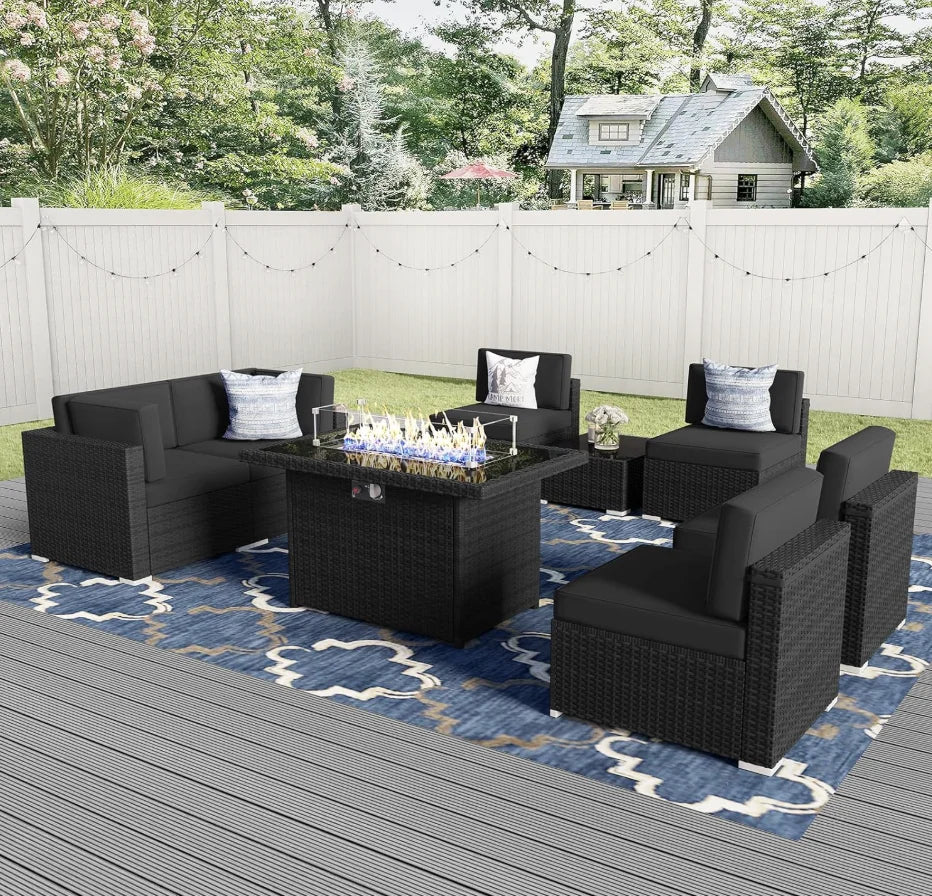 8-Piece Outdoor Patio Sectional with Fire Pit Table
