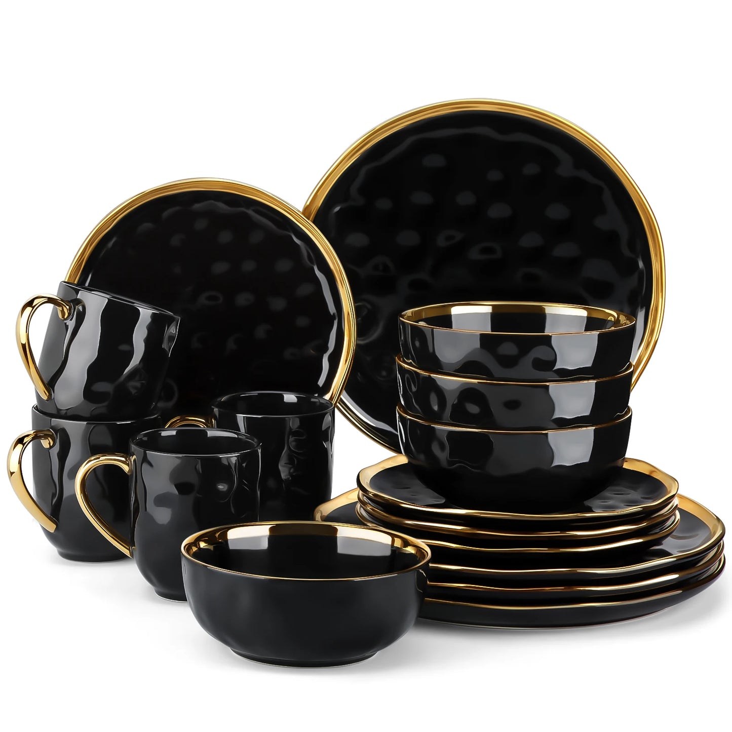 Black Porcelain Dinnerware Set with Elegant Gold Trim