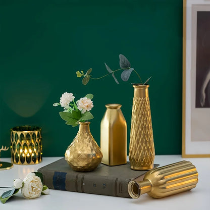 Gold Glass Vase Set with Gilded Finish - Cylindrical Decorative Accents
