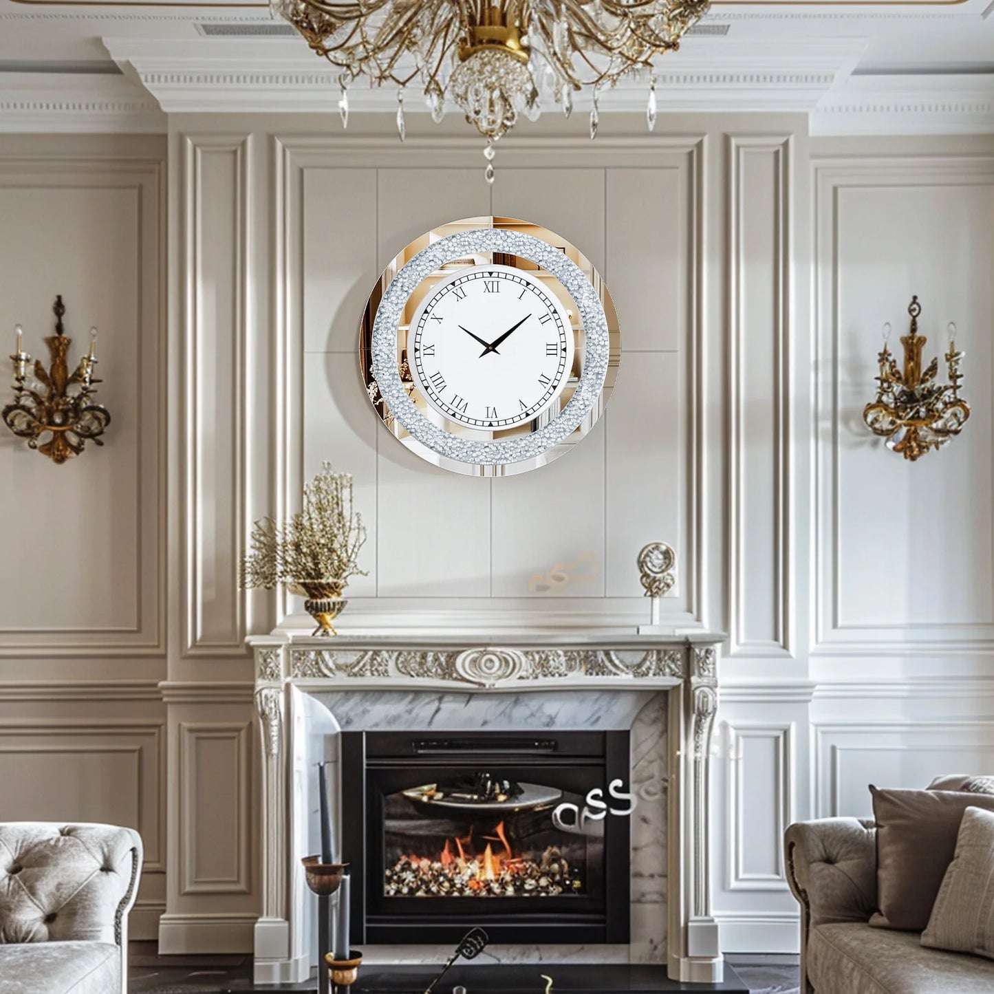24-inch Mirrored Wall Clock with Crystal Accents