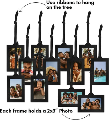 Family Tree Picture Frame with 12 Hanging Frames, Adjustable Ribbons, Ideal for Gifts and Decor in Black and Bronze