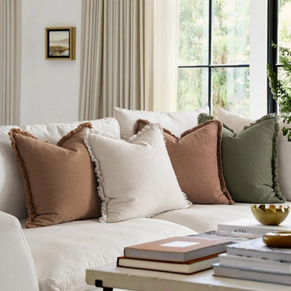 Neutral Linen Fringe Throw Pillows Set of Four
