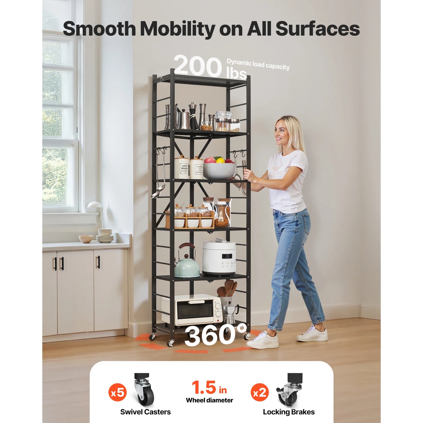 Foldable Rolling 5-Tier Metal Storage Shelf Rack