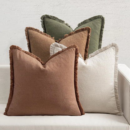 Neutral Linen Fringe Throw Pillows Set of Four