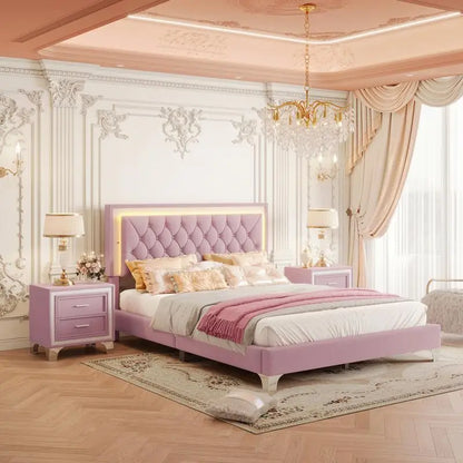 3-Piece Queen Upholstered Bedroom Set with LED Headboard