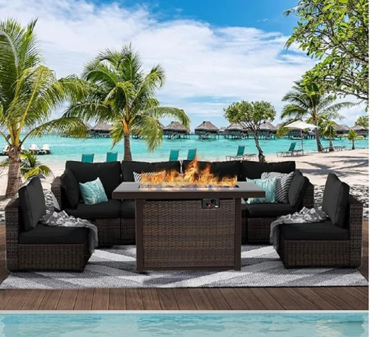 7-Piece Outdoor Patio Sectional with Fire Pit Table
