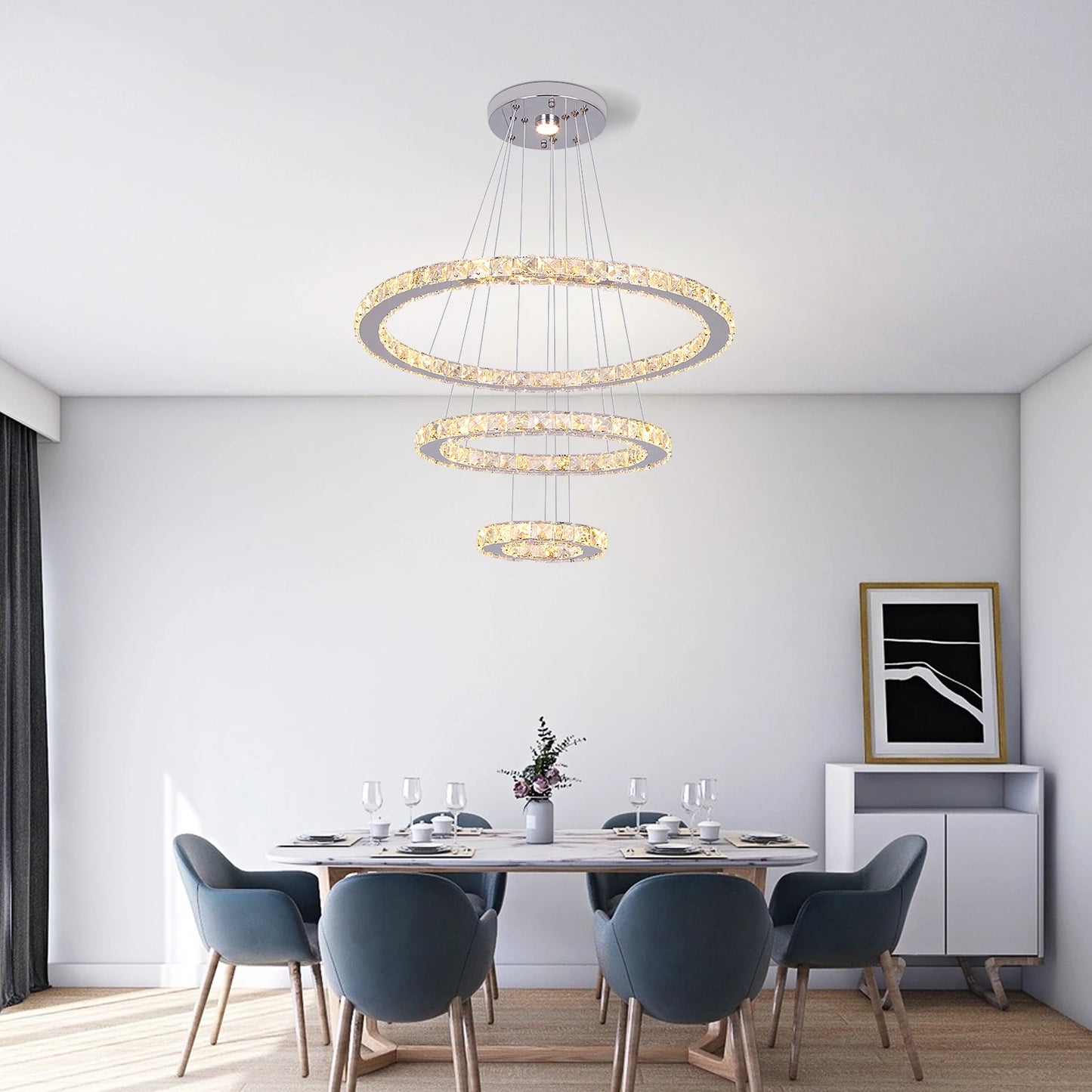 Modern Crystal Ring Chandelier with 3 LED Rings