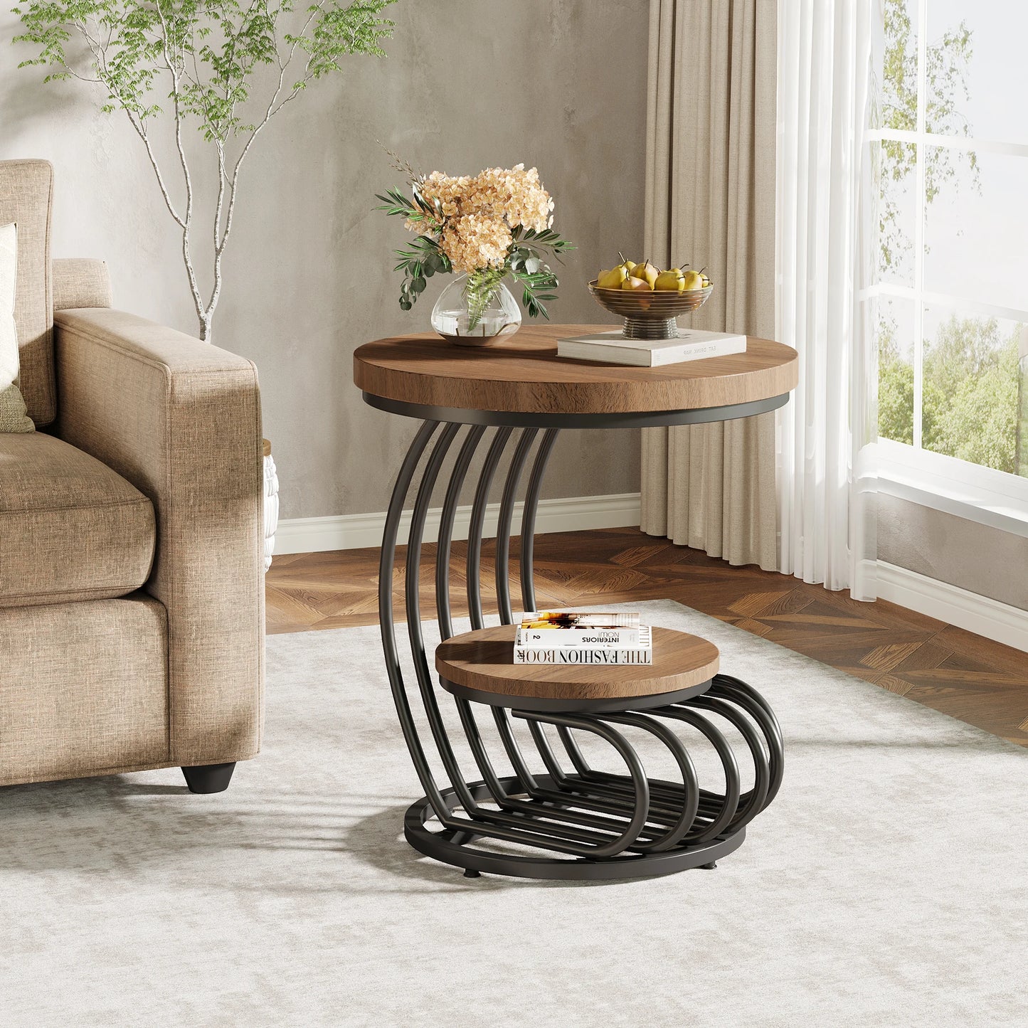 Gold Round End Table with Storage Shelf