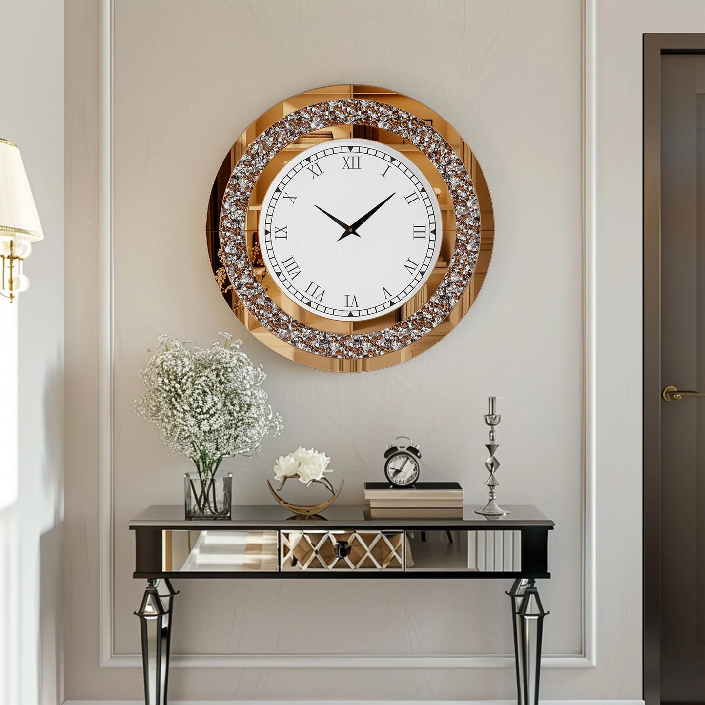 24-inch Mirrored Wall Clock with Crystal Accents