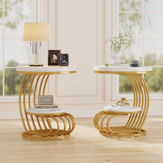 Gold Round End Table with Storage Shelf