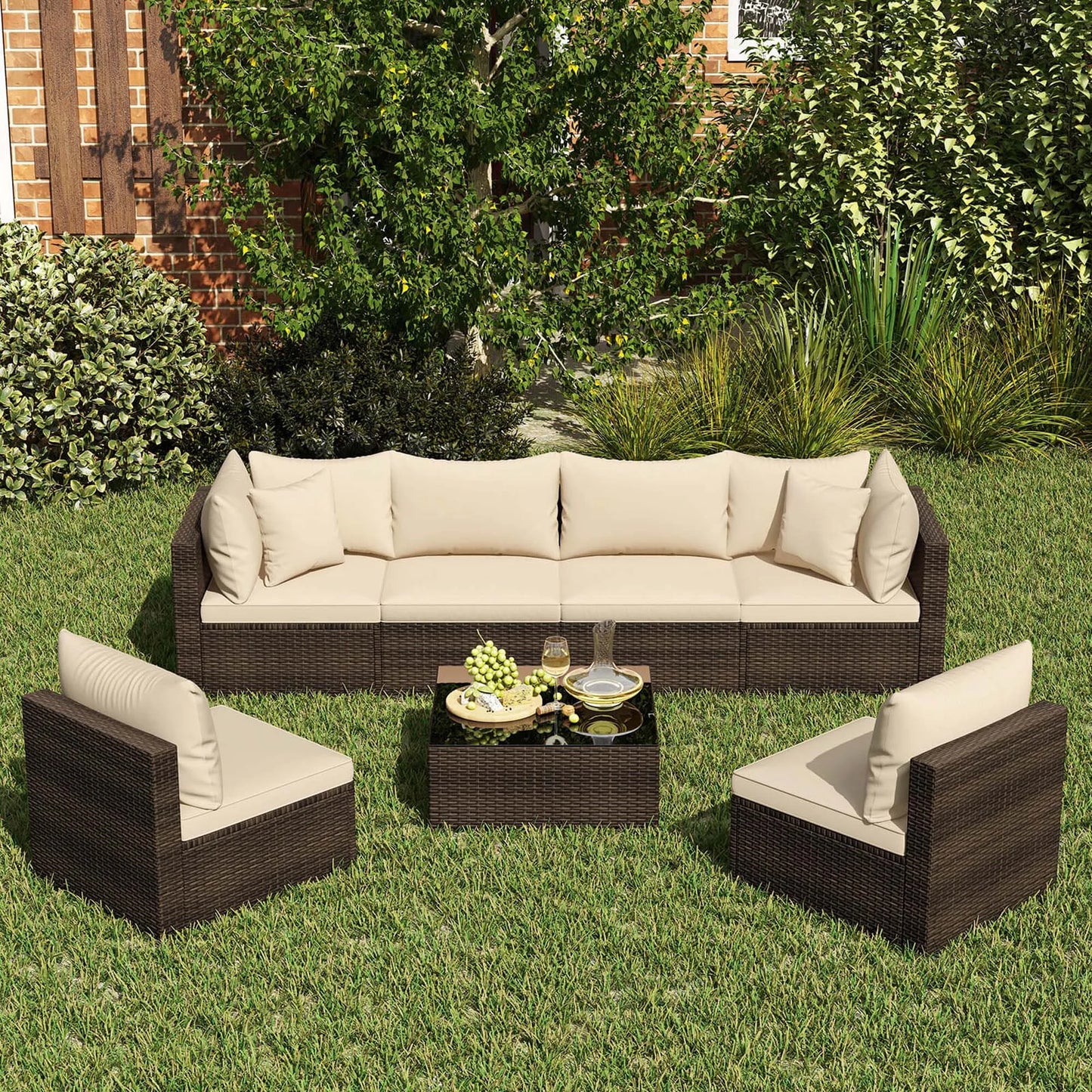 7-Piece Outdoor Rattan Patio Sectional Conversation Set