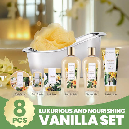 8 Piece Vanilla Spa Gift Basket Luxury Bath Set