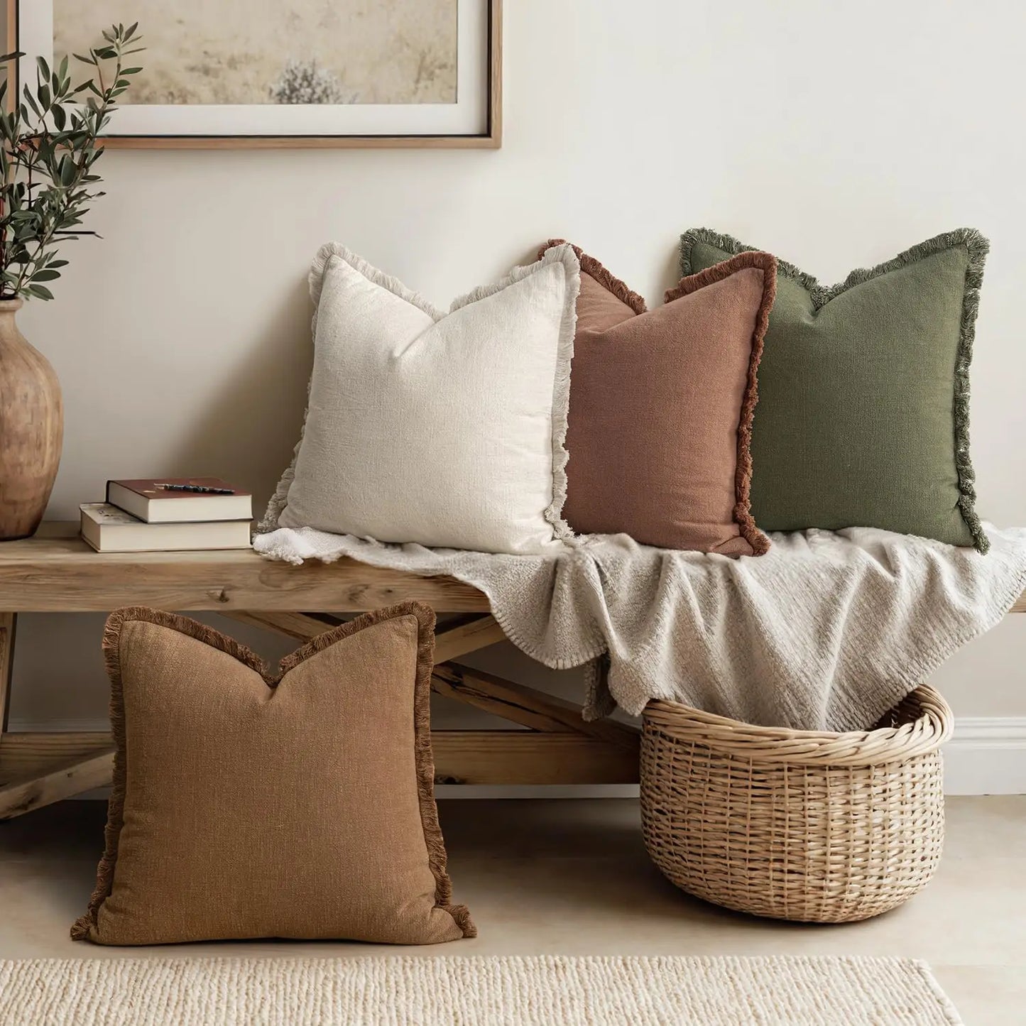 Neutral Linen Fringe Throw Pillows Set of Four