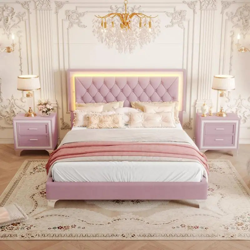 3-Piece Queen Upholstered Bedroom Set with LED Headboard