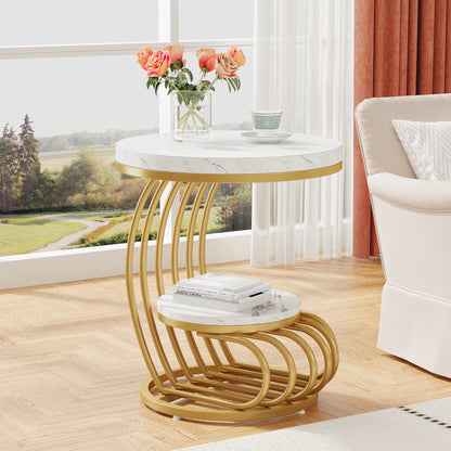 Gold Round End Table with Storage Shelf