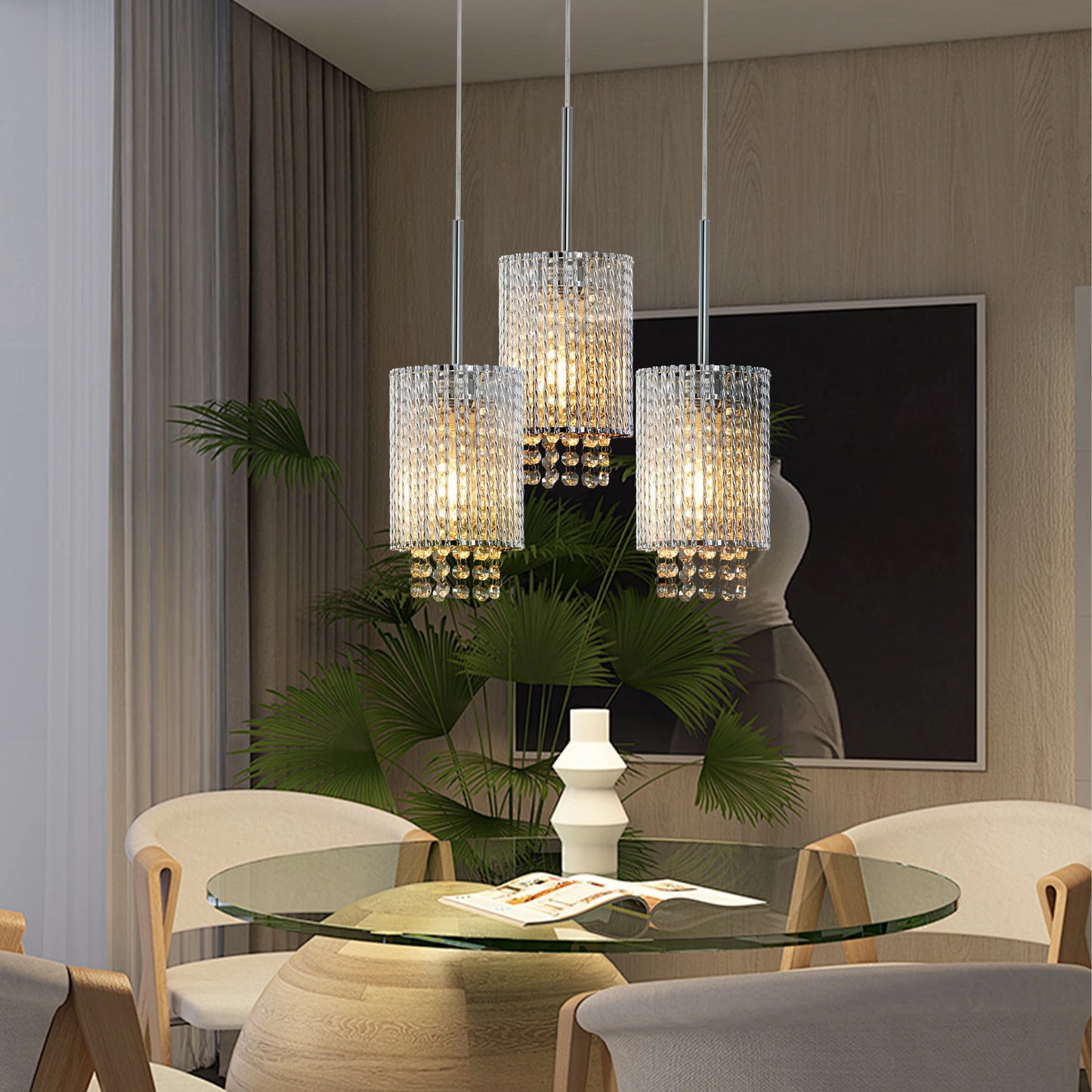 Modern Crystal Pendant Light 3-Pack Adjustable Ceiling Fixture