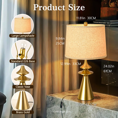 Modern Gold Bedside Table Lamp with Fabric Shade