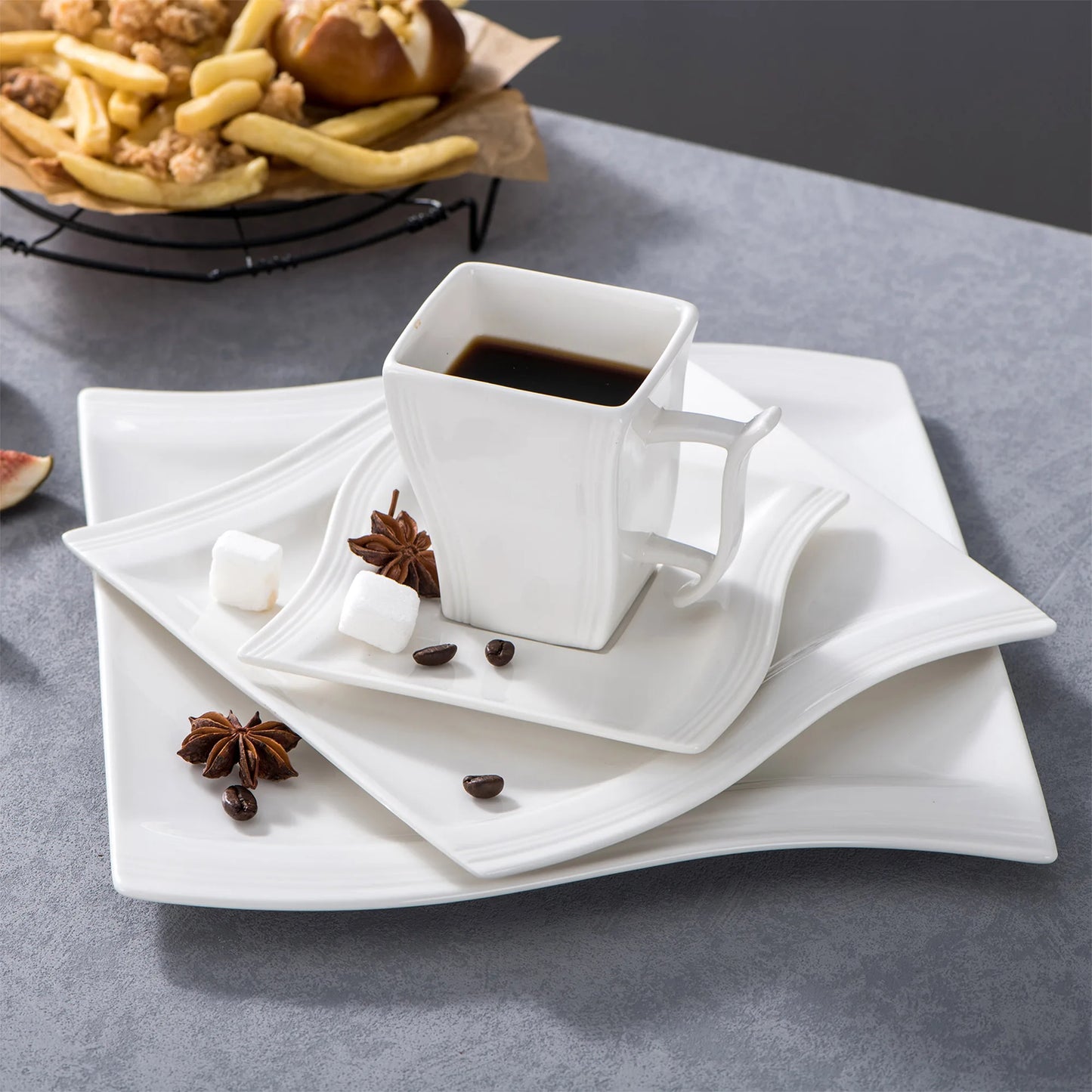White Porcelain Dinnerware Set with Cups Plates and Saucers