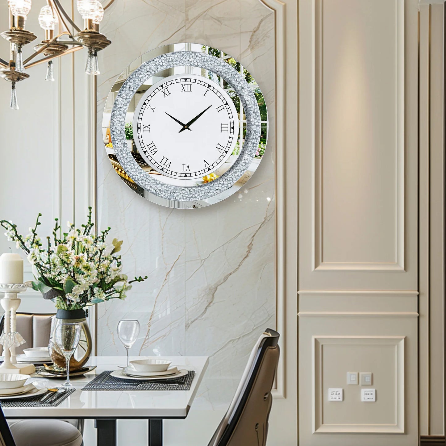 24-inch Mirrored Wall Clock with Crystal Accents
