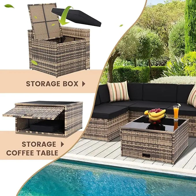 8-Piece Outdoor Patio Wicker Patio Sectional with Storage Table