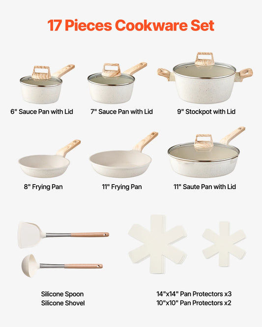 17 Piece Granite Nonstick Induction Cookware Set Pots and Pans