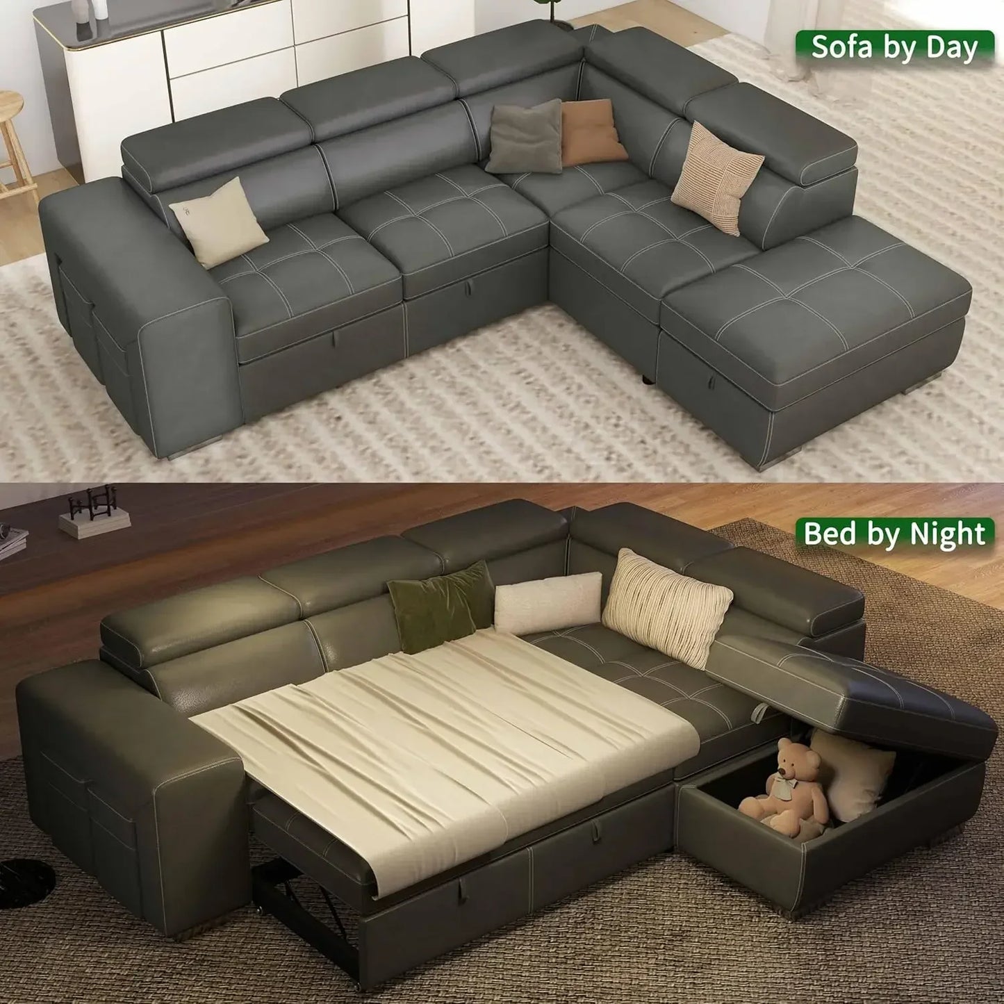 L-Shaped Sleeper Sectional with Pull Out Bed and Storage Ottoman