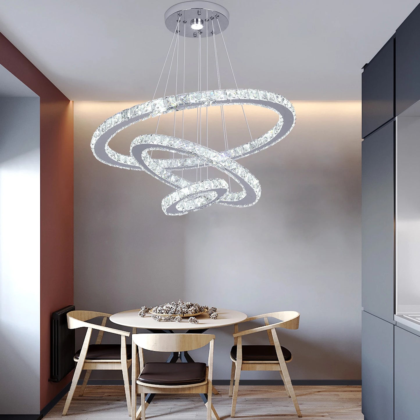 Modern Crystal Ring Chandelier with 3 LED Rings