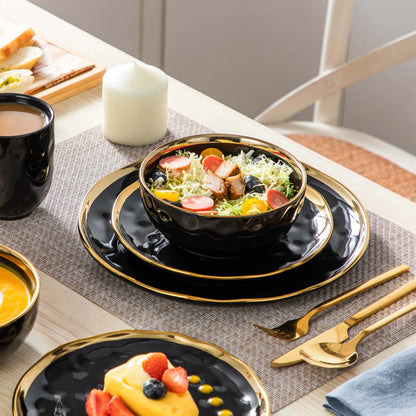 Black Porcelain Dinnerware Set with Elegant Gold Trim