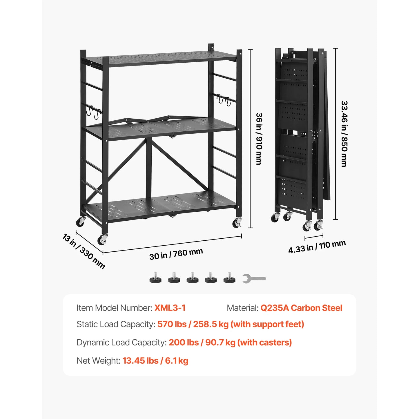 Foldable Rolling 5-Tier Metal Storage Shelf Rack
