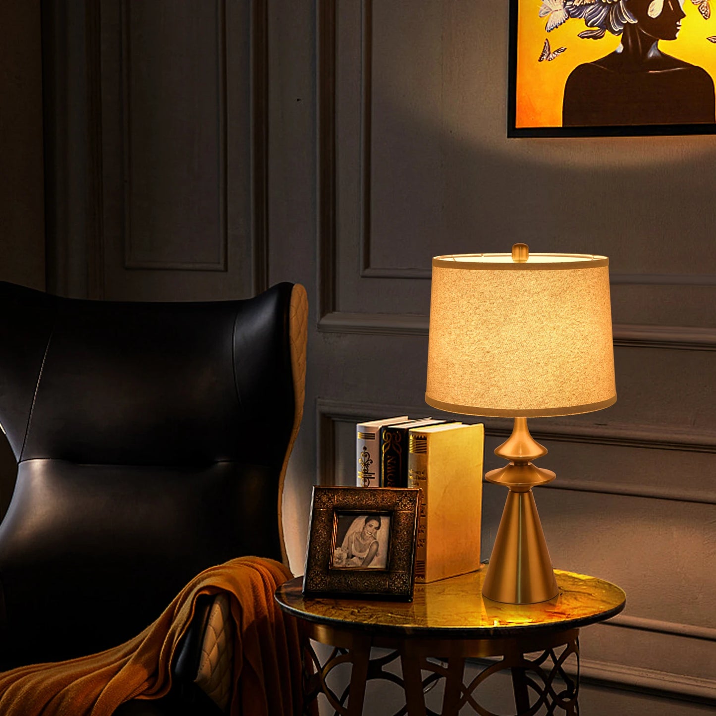 Modern Gold Bedside Table Lamp with Fabric Shade