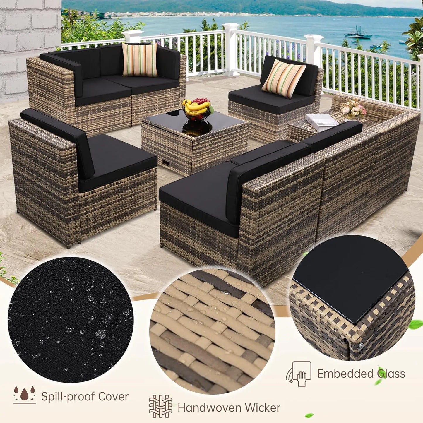 8-Piece Outdoor Patio Wicker Patio Sectional with Storage Table