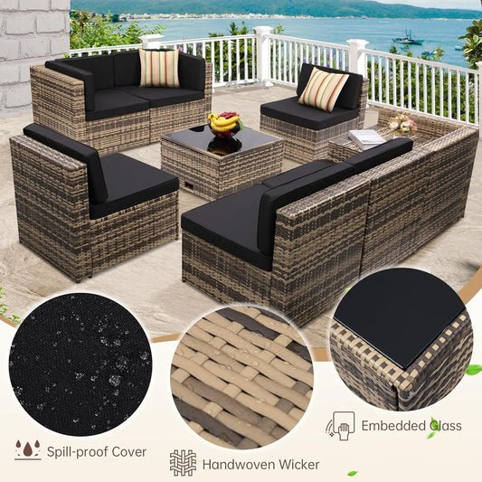 8-Piece Outdoor Patio Wicker Patio Sectional with Storage Table