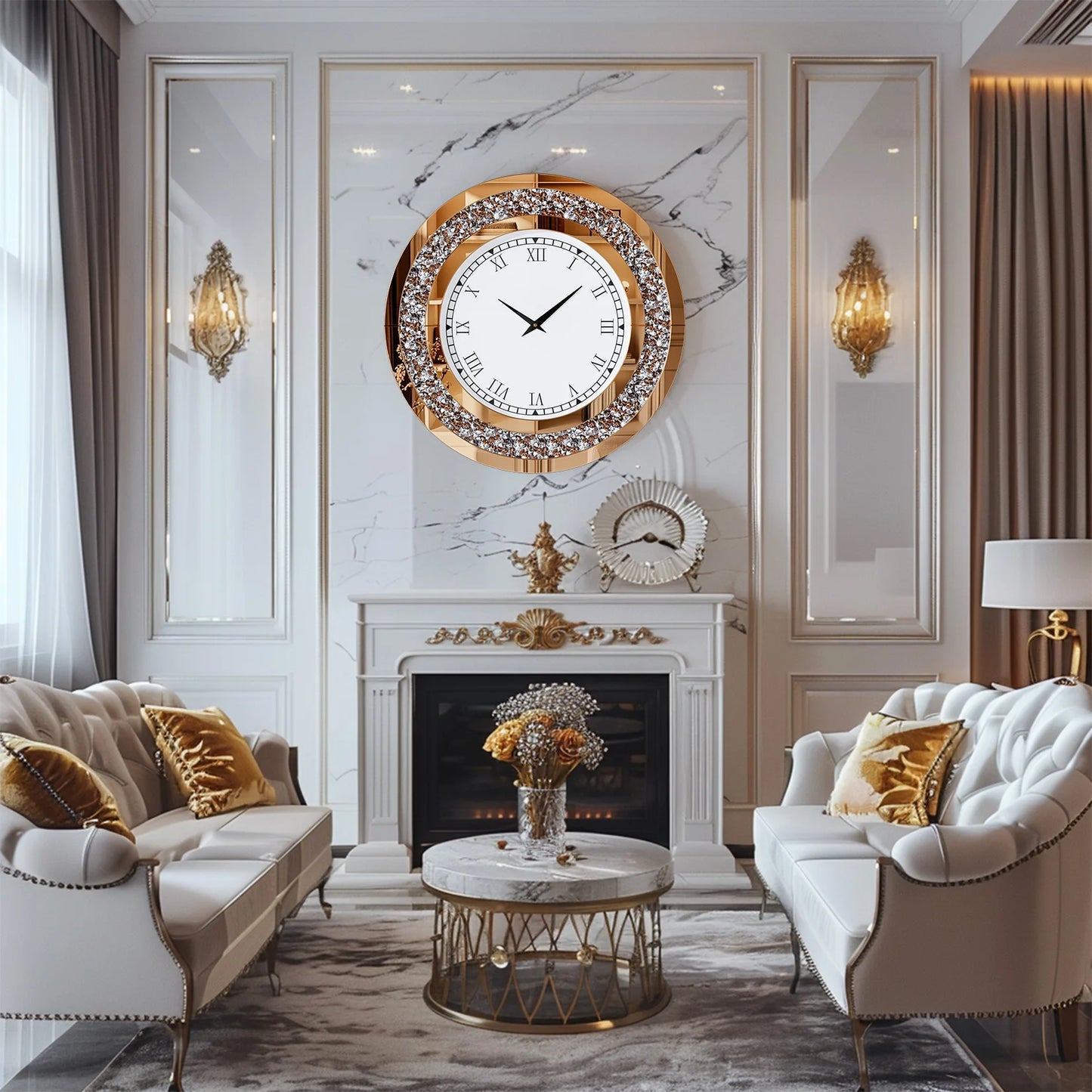 24-inch Mirrored Wall Clock with Crystal Accents