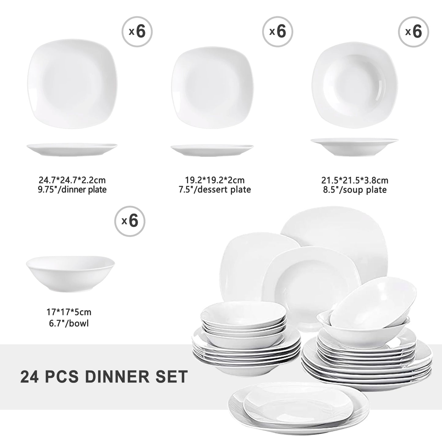 24-Piece White Porcelain Dinnerware Set for Six