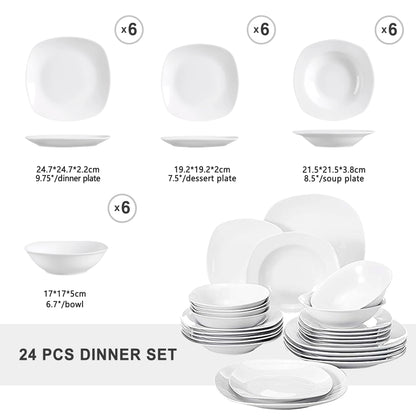 24-Piece White Porcelain Dinnerware Set for Six