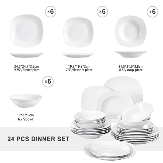 24-Piece White Porcelain Dinnerware Set for Six