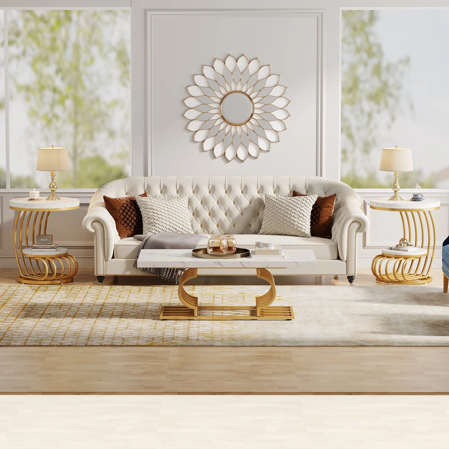 Gold Round End Table with Storage Shelf