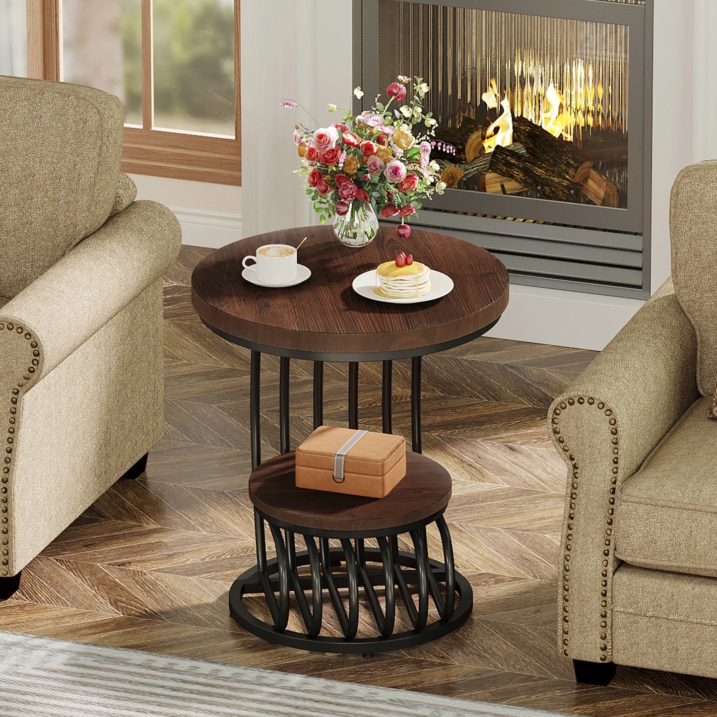 Gold Round End Table with Storage Shelf
