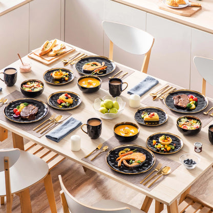 Black Porcelain Dinnerware Set with Elegant Gold Trim