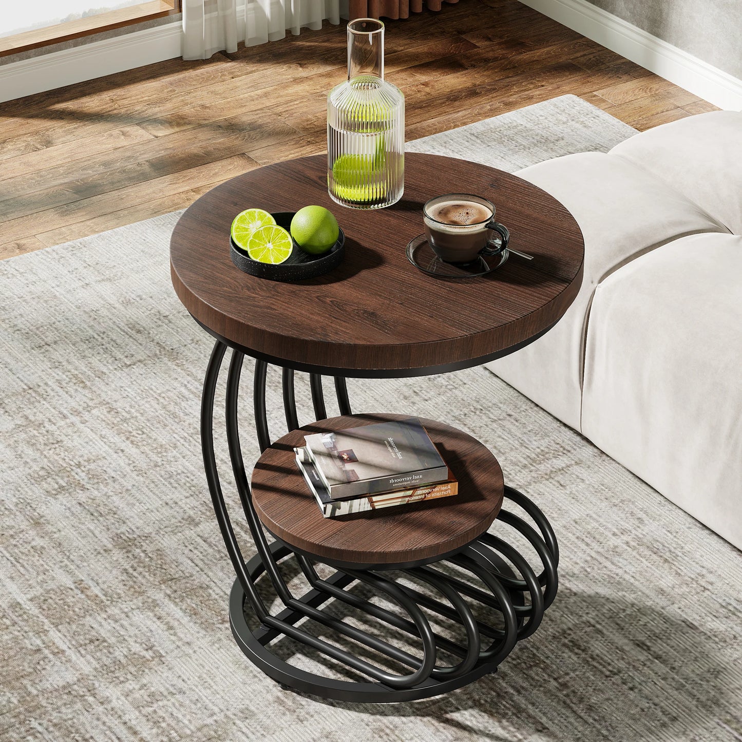 Gold Round End Table with Storage Shelf