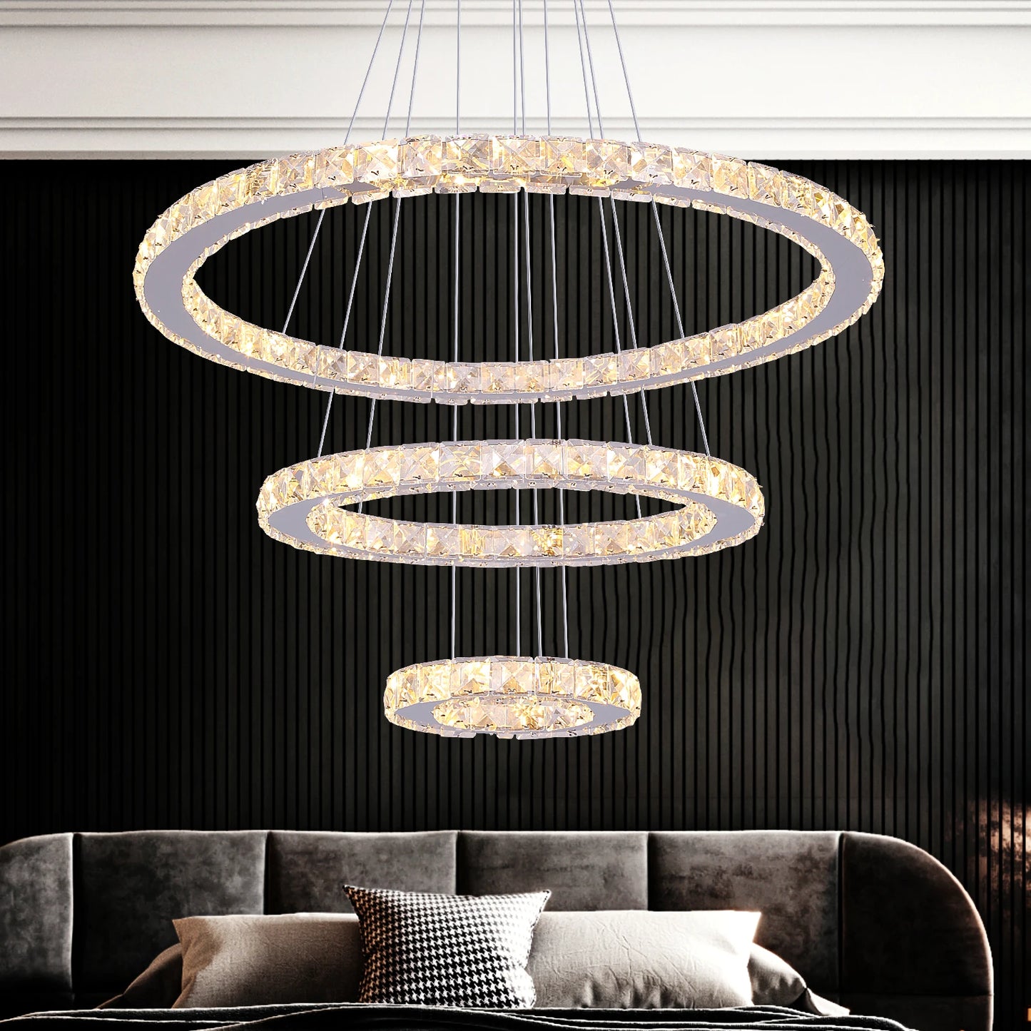 Modern Crystal Ring Chandelier with 3 LED Rings