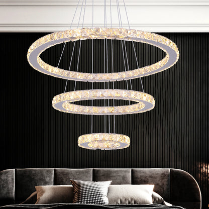 Modern Crystal Ring Chandelier with 3 LED Rings