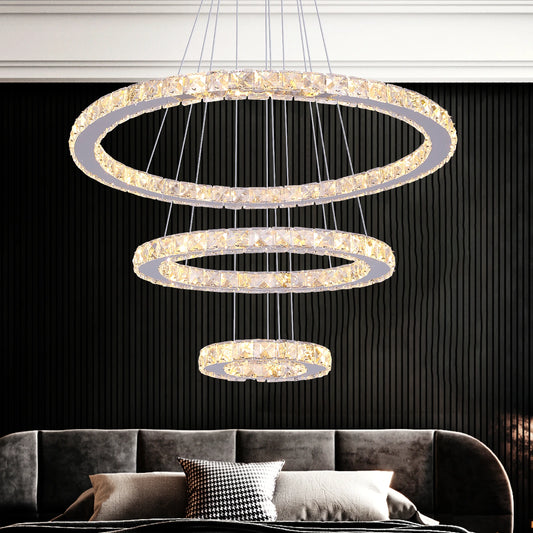 Modern Crystal Ring Chandelier with 3 LED Rings
