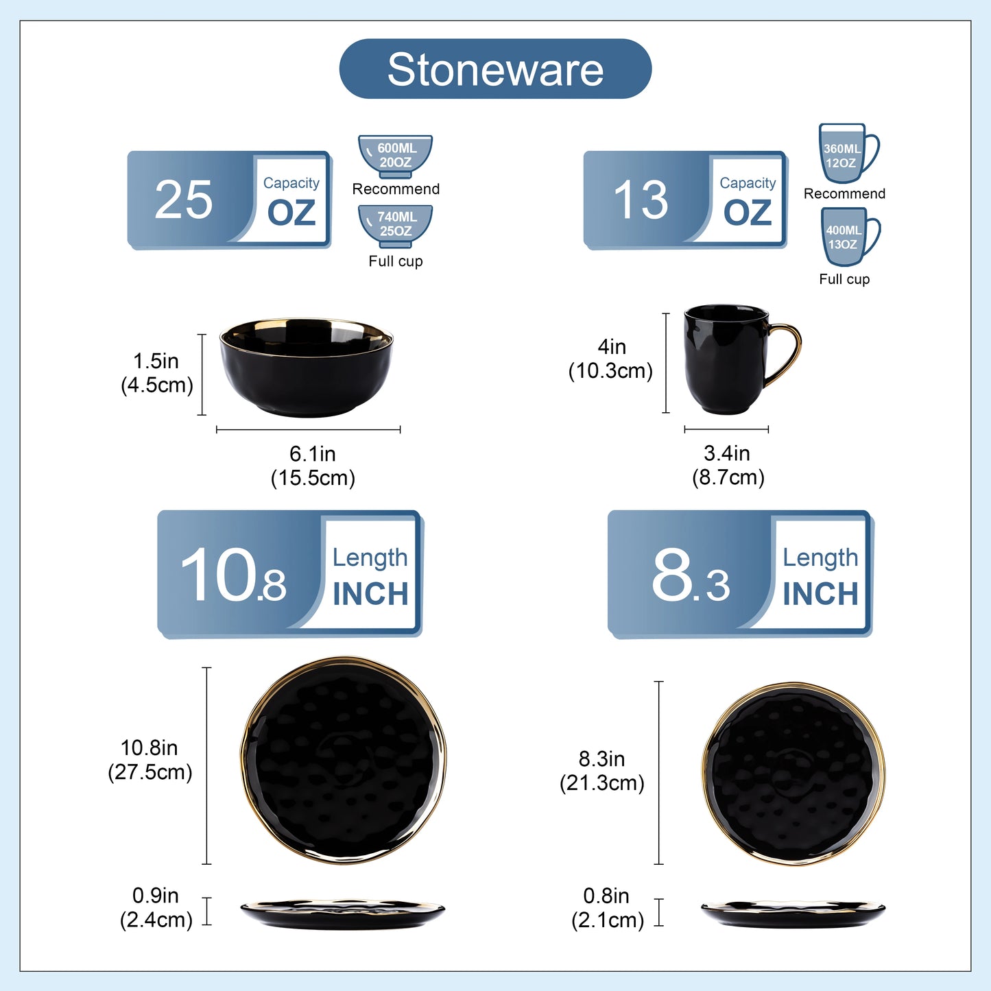 Black Porcelain Dinnerware Set with Elegant Gold Trim