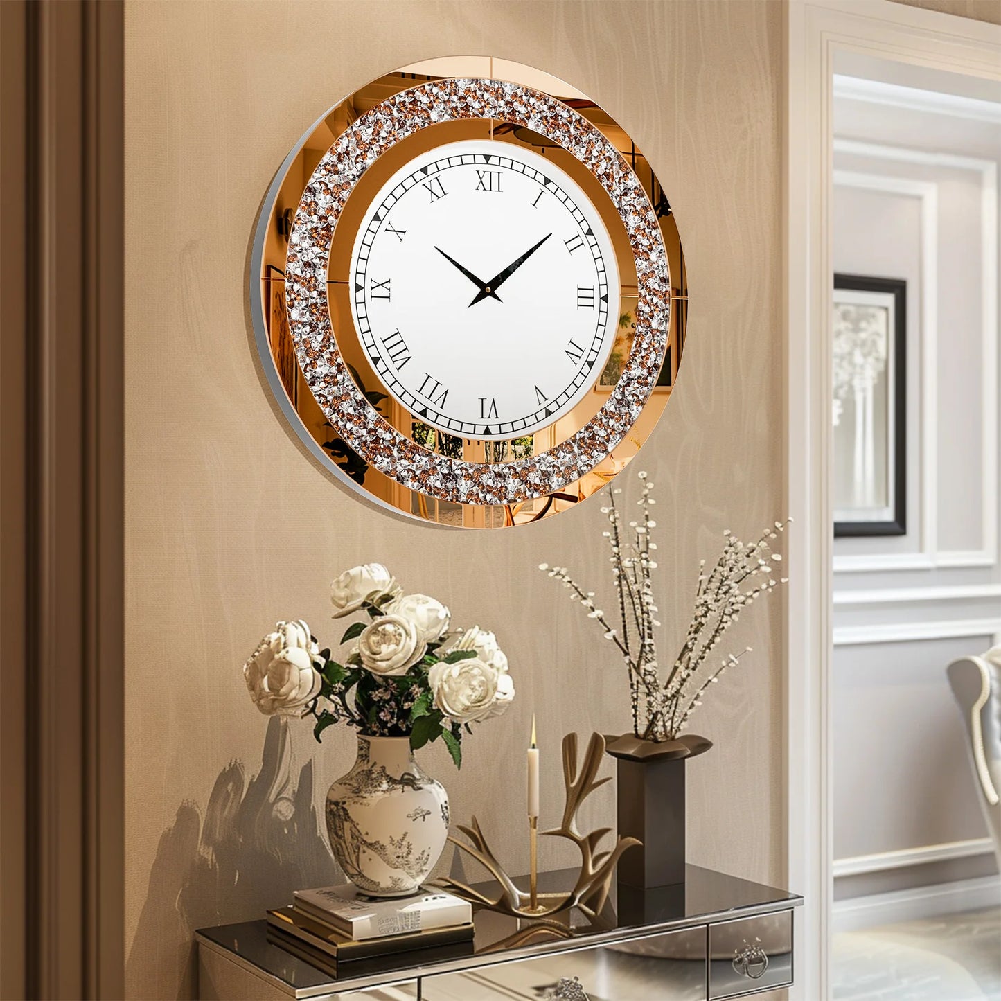 24-inch Mirrored Wall Clock with Crystal Accents