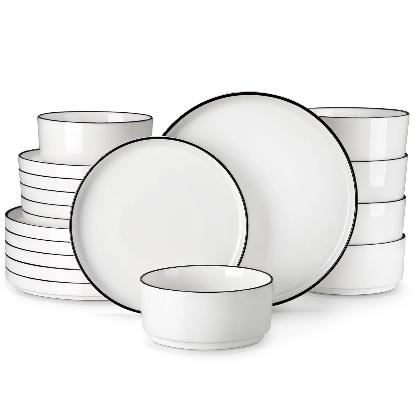 White Porcelain Dinnerware Set with Modern Black Rim Design